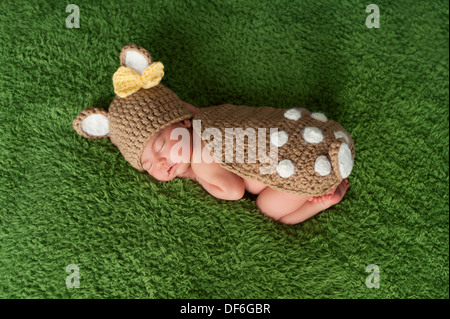 Newborn Baby Girl in Fawn / Deer Costume Stock Photo