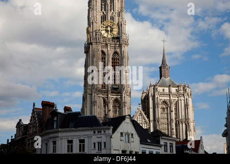 church tower of The Onze-Lieve-Vrouwekathedraal (Cathedral of our Lady) in Antwerp, Belgium, Europe Stock Photo