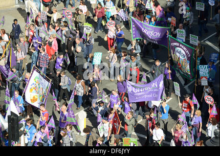 Manchester, UK. 29th Sept 2013. . Protesters during a North West TUC organised march and rally intending to defend National Health Service (NHS) jobs and services from cuts and privatisation. The march coincides with the Conservative Party Conference 2013 being held in the city. Credit:  Russell Hart/Alamy Live News. Stock Photo