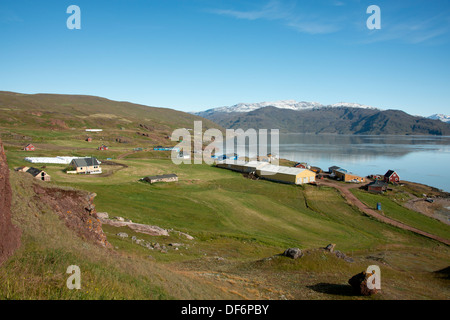 Greenland, Tunulliarfik (aka Erik's Fjord), Overview of Qassiarsuk & Brattahlid, Erik the Red's Eastern Settlement. Stock Photo