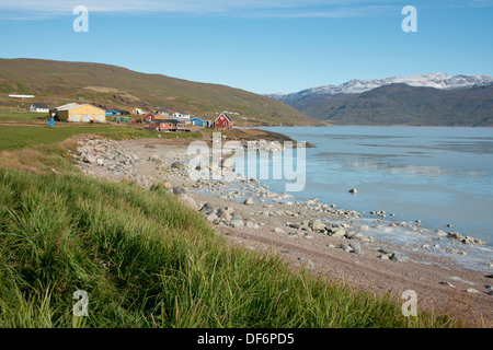 Greenland, Tunulliarfik (aka Erik's Fjord), Overview of Qassiarsuk & Brattahlid, Erik the Red's Eastern Settlement. Stock Photo