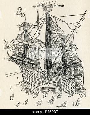 A carrack or nau, three or four-masted sailing ship from about 1470. From The Romance of the Merchant Ship, published 1931. Stock Photo