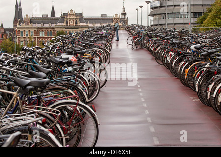 Bicycle parking garage or Fietsflat at the Central Station in Amsterdam. Stock Photo