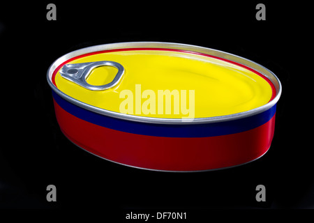 Closed Blank Can of Tuna on a Black Background. Stock Photo