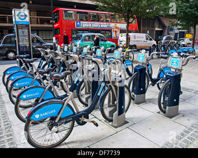 'Boris bike' hire cycle stand near Tottenham Court Road, West End, London, England, United Kingdom Stock Photo