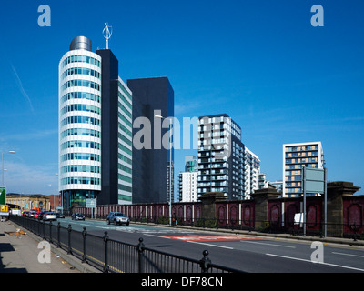 Cheetham Hill Road with apartments, The Peninsula building and Park Inn hotel in Manchester UK Stock Photo