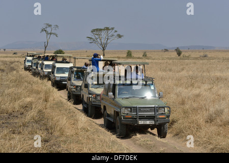 Lined up safari vehicles with tourists, Serengeti National Park, Serengeti, Tanzania Stock Photo