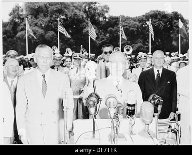 President Truman attends ceremonies celebrating the 100th anniversary of the Washington Monument. He is at the... 199852