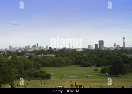 View of central London from Primrose Hill, including The Shard, St Paul's Cathedral, City of London, BT Tower and Canary Wharf Stock Photo