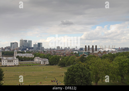 View from Greenwich Park, London, including Royal Naval College, Canary Wharf, O2 (Millennium Dome) and Greenwich Power Station Stock Photo