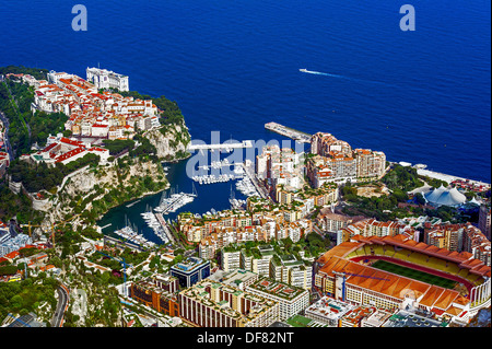 Europe, France, Principality of Monaco, Monte Carlo. The rock Fontvieille harbor and the stadium Louis II. Stock Photo