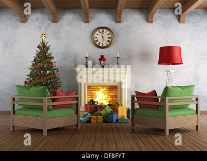 Interior with fireplace, two armchairs, colorful gifts and Christmas tree in vintage style - rendering Stock Photo