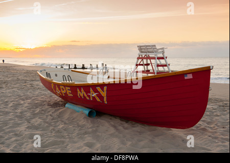 USA New Jersey N.J. NJ Cape May lifeboat on the beach at sunrise Stock Photo