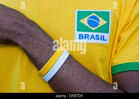 Gay man wearing Brazilian national football team shirt at Gay Pride Parade ( Parada do Orgulho LGBT ), Stock Photo