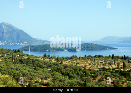 View looking towards Skorpios Island from hill above Spartochori, Meganisi, Ionian Islands, Greece. Stock Photo