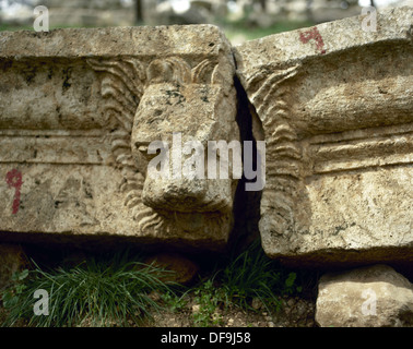 Basilica of Saint Simeon Stylites. 5th century. Sculptural detail depicting a head of a lion. Near Aleppo. Syria. Stock Photo