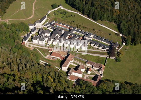 AERIAL VIEW. Grande Chartreuse Monastery. Saint-Pierre-de-Chartreuse, Isère, Auvergne-Rhône-Alpes, France. Stock Photo