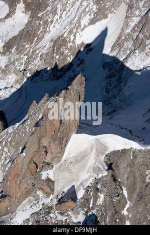 AERIAL VIEW. Dent du Géant (elevation: 4013 meters, prominence: 139 meters). Chamonix Mont-Blanc, France and Courmayeur, Italy. Stock Photo