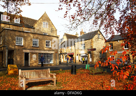 Autumnal colours and a carpet of leaves with honey coloured cottages and shops in the Cotswolds. Stock Photo