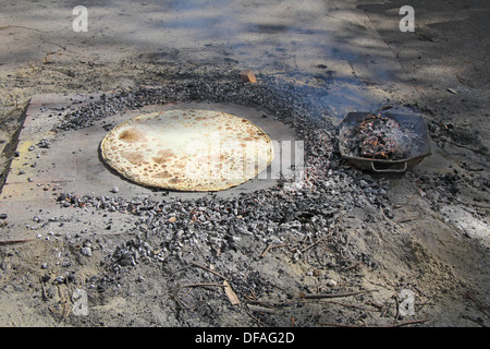 Traditional baking bread in the open hearth on the floor Stock Photo