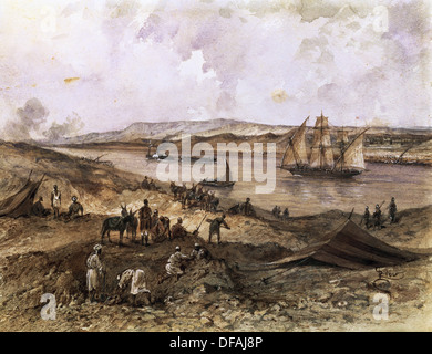 Suez Canal. Egypt. Opened in November 1869. Watercolor by Riou. Compiegne Castle. France. Stock Photo