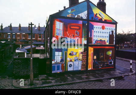 Walter Kershaw wall mural INSIDE OUT HOUSE on the gable end of a Rochdale House Lancashire UK 1975 KATHY DEWITT Stock Photo