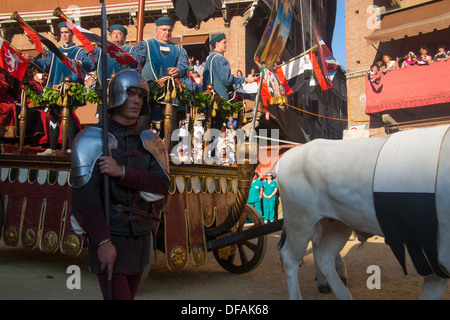 Parades prior to the Palio horse race at Il Campo (Medieval town square), Siena, Tuscany, Italy. Stock Photo