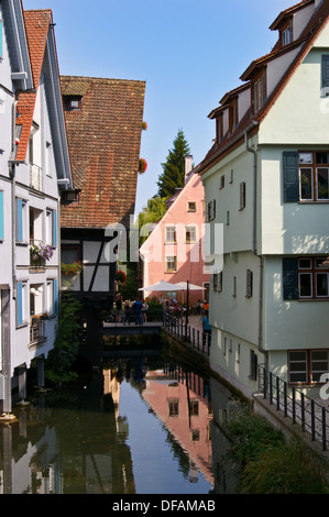 Fachwerk half-timbered mediaeval houses on the river Blau, Ulm, Baden-Wuerttemberg, Germany Stock Photo