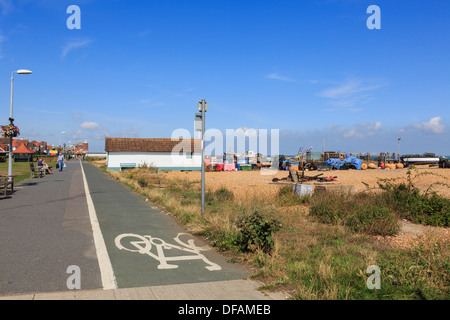 National Cycle Network route 1 with sign on seafront promenade by Walmer beach in Deal, Kent, England, UK, Britain Stock Photo