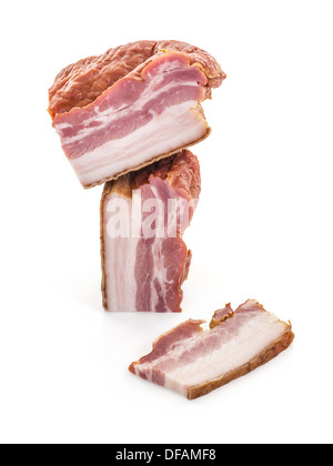 Three Big Cuts of Smoked Bacon over White Background, shallow focus, vertical shot Stock Photo
