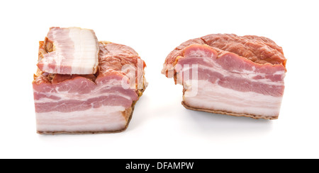 Three Big Cuts of Smoked Bacon over White Background, shallow focus, horizontal shot Stock Photo
