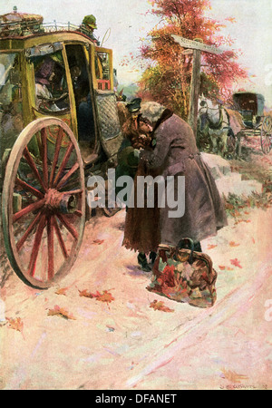 Stagecoach on the Boston Post Road picking up a wayside passenger. Color halftone of an illustration by Stanley Arthurs Stock Photo