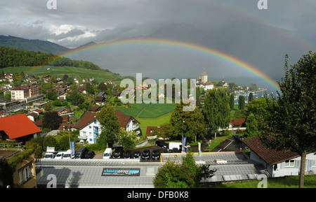 Rainbow over Spiez on Lake Thun, Switzerland Stock Photo