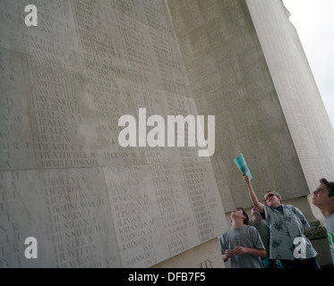 Pupils from Woolmer Hill School, Haslemere, Surrey, at the WW1 Thiepval Memorial, the largest British war memorial in the world – there were more than 57,000 British casualties in a single day during the battle of the Somme. The Thiepval Memorial to the Missing of the Somme is a major war memorial to 72,191 missing British and South African men who died in the Battles of the Somme of the First World War between 1915 and 1918 with no known grave. Designed by Sir Edwin Lutyens, the memorial was built between 1928 and 1932 and is the largest British battle memorial in the world. Stock Photo