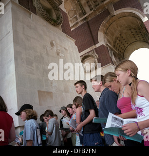 Pupils from Woolmer Hill School, Haslemere, Surrey, at the WW1 Thiepval Memorial, the largest British war memorial in the world – there were more than 57,000 British casualties in a single day during the battle of the Somme. The Thiepval Memorial to the Missing of the Somme is a major war memorial to 72,191 missing British and South African men who died in the Battles of the Somme of the First World War between 1915 and 1918 with no known grave. Designed by Sir Edwin Lutyens, the memorial was built between 1928 and 1932 and is the largest British battle memorial in the world. Stock Photo