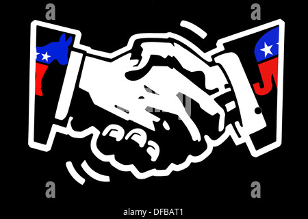 stencil drawing white on black painted wall of a handshake with democratic donkey and republican elephant color mascots Stock Photo