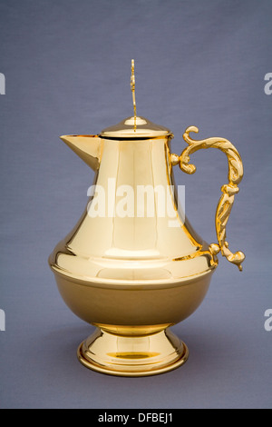 Religious items sliver gold Christian church use used belief Orthodox cross cup oil pot handle belief holly utensils priest art Stock Photo