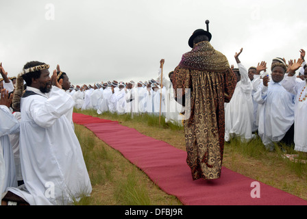 Members Shembe faith (Nazareth Baptist Church) a religious hybrid Christianity and African traditions greet leader Prophet Stock Photo