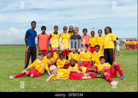 Junior football players with coach, team photo, Cape Town, South Africa Stock Photo