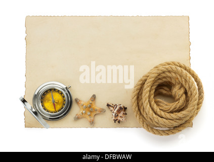 ropes and compass on old vintage paper background texture Stock Photo