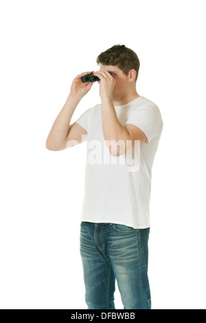 Man looking through binoculars Stock Photo