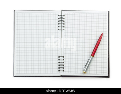 pen on checked notebook isolated at white background Stock Photo