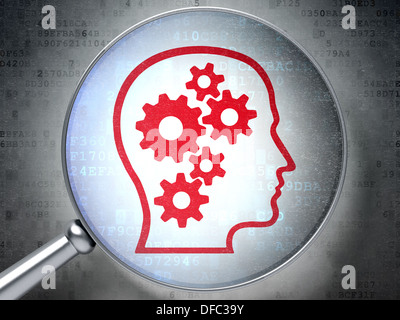 Information concept: Head With Gears with optical glass on digital ...