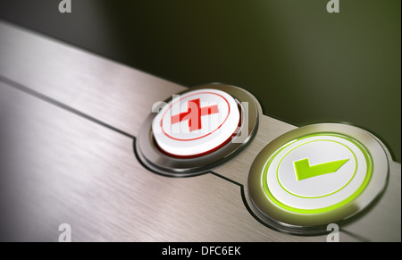 Validation buttons system with true or false options with green light and blur effect Stock Photo