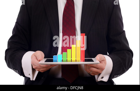 businessman presenting a 3d display of growth chart on a tablet pc isolated on a white background Stock Photo