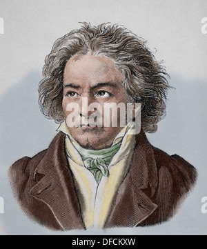 Ludwig van Beethoven (1770-1827). German composer and pianist. Portrait. Colored engraving. Stock Photo