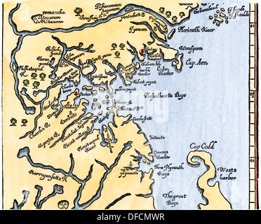 William Wood's map of Massachusetts, 1634. Hand-colored woodcut Stock Photo