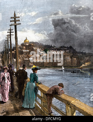 View of Beacon Hill from West Boston Bridge crossing the Charles River, 1890s. Hand-colored woodcut Stock Photo