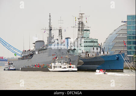London, UK. 02nd Oct, 2013. Brazilian Navy school ship BRASIL U27 moored against HMS Belfast on the Thames London 02/10/2013 Credit:  JOHNNY ARMSTEAD/Alamy Live News Stock Photo
