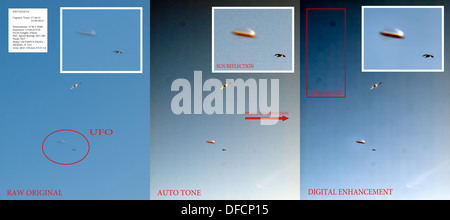 Compilation of 3 images (three degrees of  digital detail enhancement) of an unidentified flying object (UFO). See description! Stock Photo